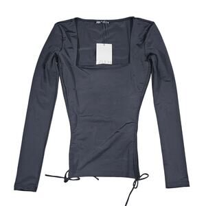 ZARA WOMEN'S RUCHED SIDE LONG‑SLEEVE SQUARE‑NECK TOP – BLACK – SIZE SMALL